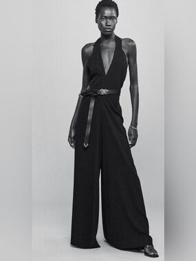 Frame Denim Black Halter V-Neck Wide-Leg Jumpsuit with Belt Detail